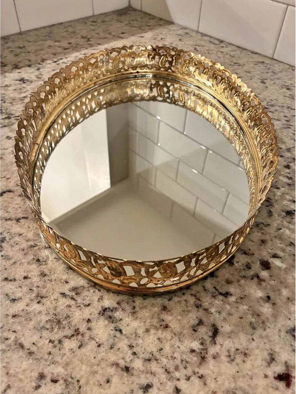 Vintage Gold Tone Decorative Oval Mirror Tray